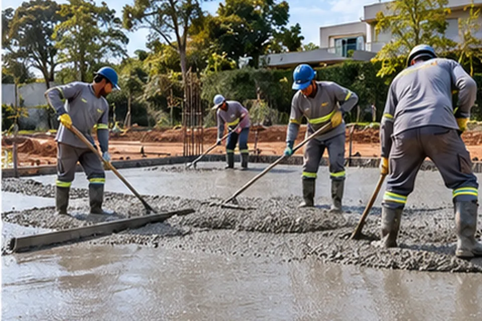 Equipe nivelando concreto fresco